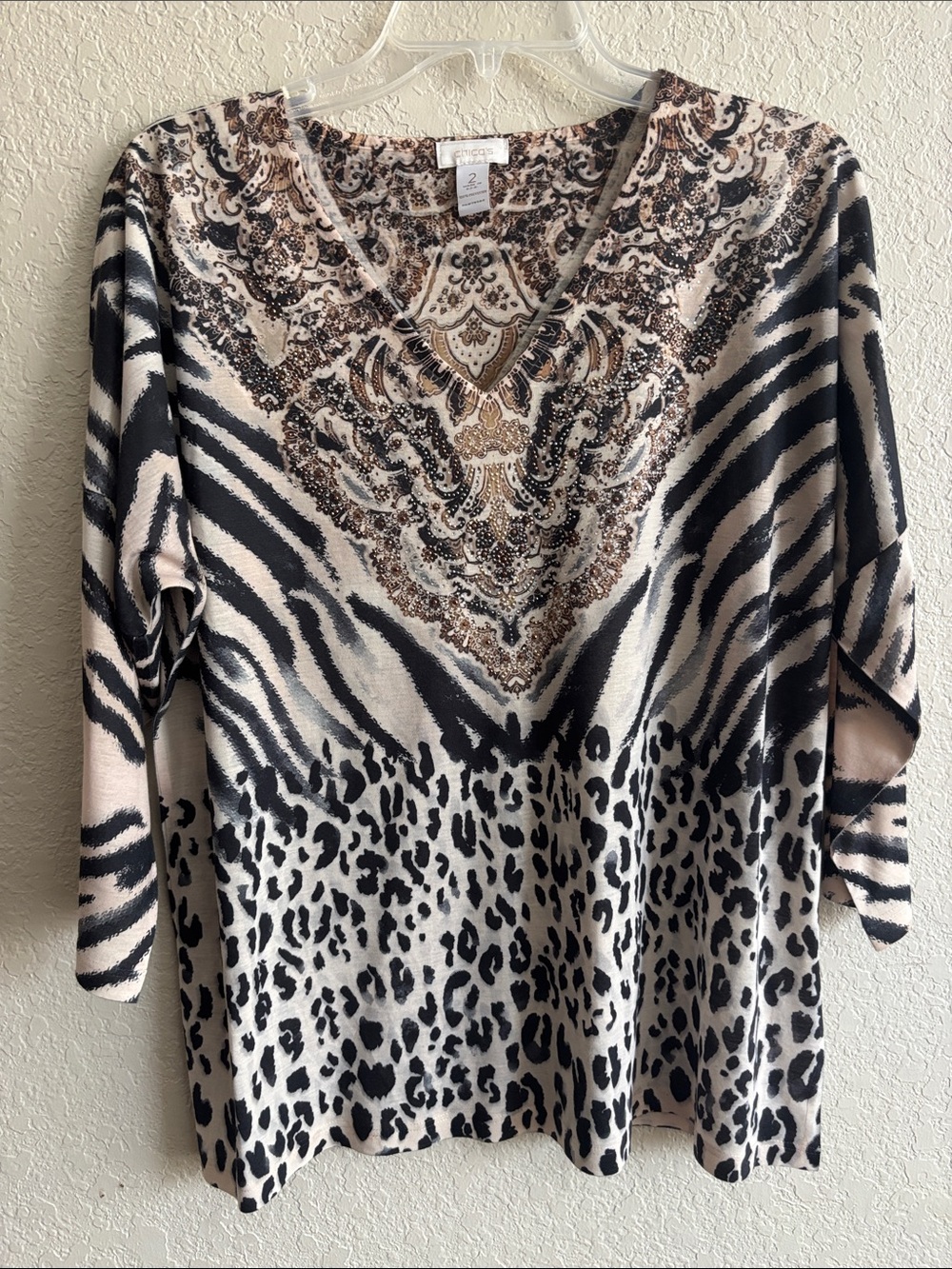 Chico's Beige, Black & Brown Mixed Animal Print V-Neck Long Sleeve Top